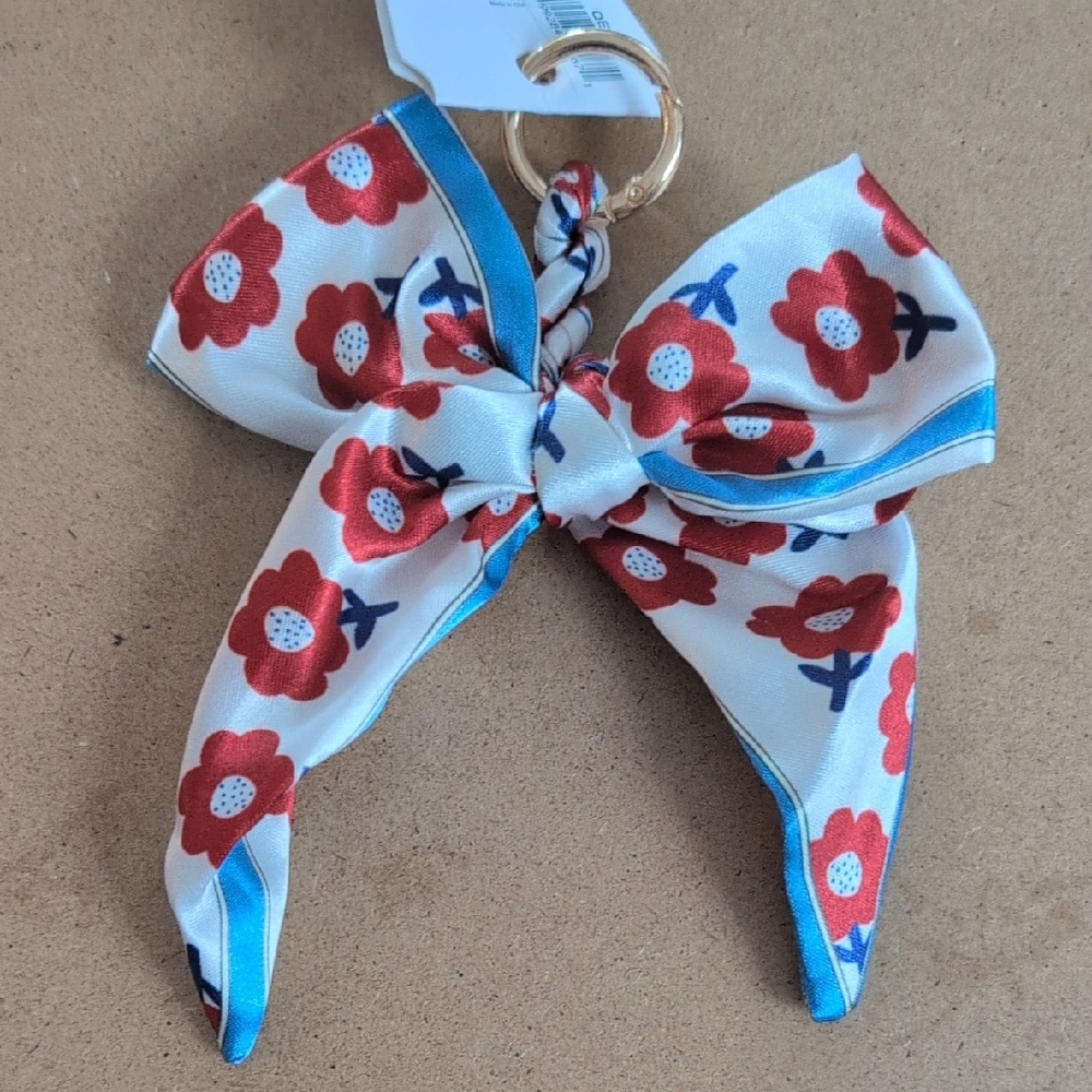 Red Floral Bow Keychain Bag Charm with Blue Trim